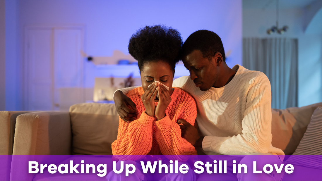 a crying couple breaking up while still in love