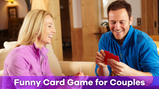 a man and woman playing a funny card game for couples